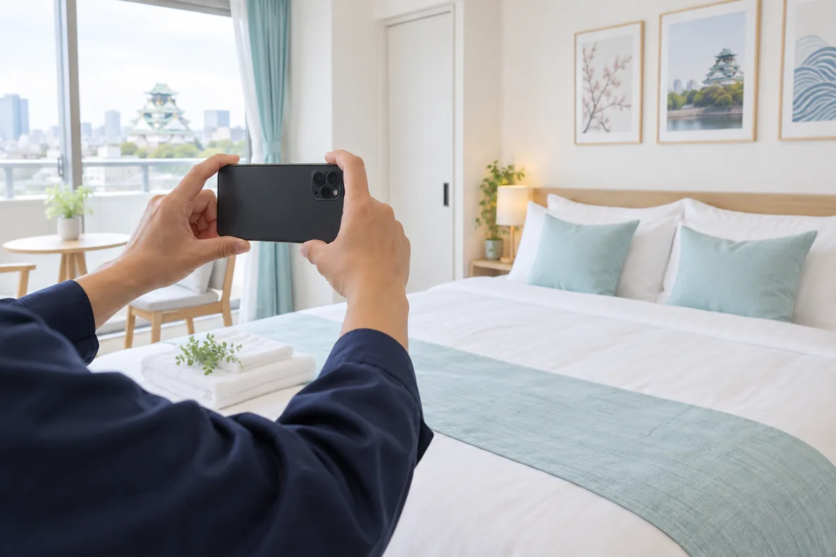 清掃後の客室をスマートフォンで撮影する手元